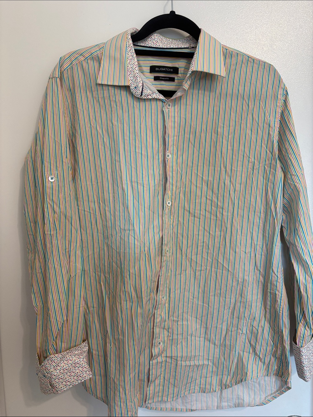 Bugatchi White Button-Up Shirt with Blue & Orange Stripes